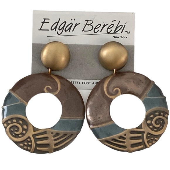 Edgar Berebi Vintage Blue Green Brown Enamel Earrings - Picture 1 of 5